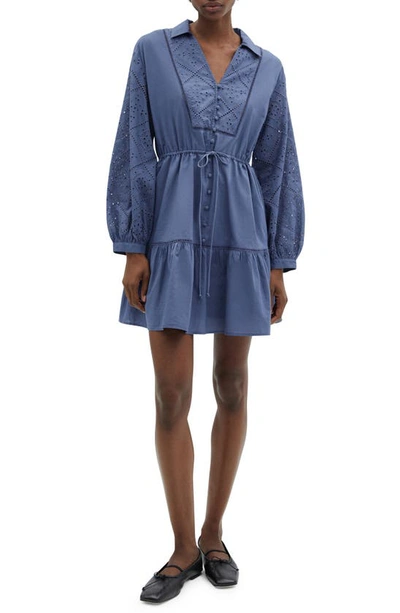 Mango Embroidered Eyelet Long Sleeve Cotton Shirtdress In Blue
