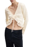 MANGO MANGO RUFFLE LACE TIE FRONT CROP CARDIGAN