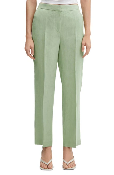 Mango 100% Linen Straight Trousers Pastel Green