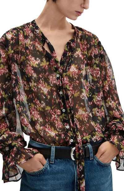 Mango Abstract Floral Print Bow Neck Top In Black