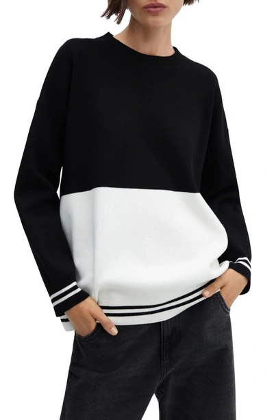 Mango Colorblock Oversize Crewneck Sweater In Black