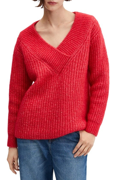 Mango Chunky-knit V-neck Sweater Red
