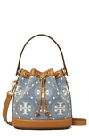 Tory Burch T Monogram Denim Mini Bucket Bag In Blue Multi