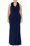 Xscape Plus Size Ruffled Gown In Navy