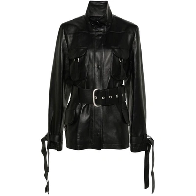 Off-white Co Cargo Belted Leather Jacket In Black