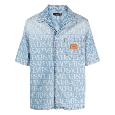 Versace Allover Denim Shirt In Blue