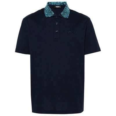 Versace Glass Embellished Short-sleeved Polo Shirt In Blue