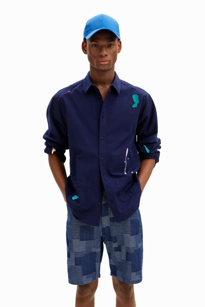 Desigual Linen Patches Shirt In Blue