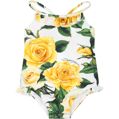 Dolce & Gabbana White Swimsuit For Baby Girl With Flowering Pattern