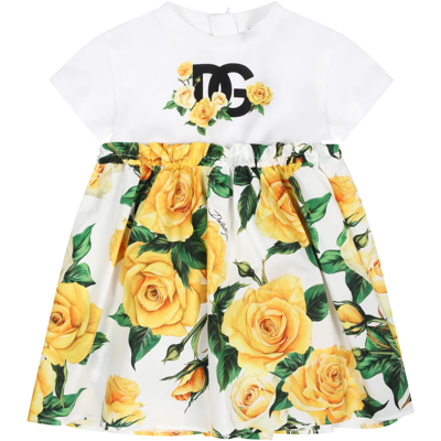 Dolce & Gabbana White Casual Dress For Baby Girl With Flowering Pattern In Multicolore