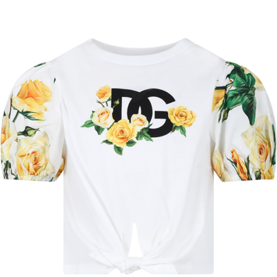 DOLCE & GABBANA WHITE T-SHIRT FOR GIRL WITH FLOWERING PATTERN