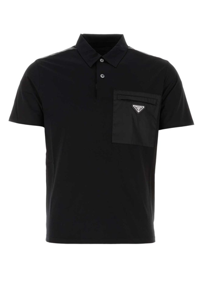 Prada Logo Plaque Short Sleeved Polo Shirt In Black