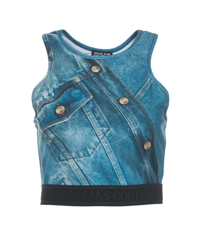 Versace Jeans Couture Patch Denim Sleeveless Cropped Top In Blue