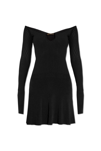 Jacquemus Long Sleeve Scalloped Mini Dress In Black