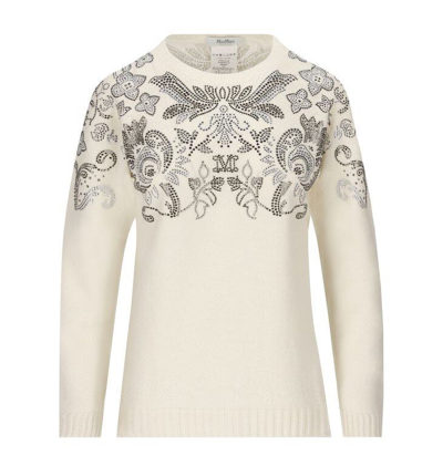 Max Mara Embellished Knit Sweater In White