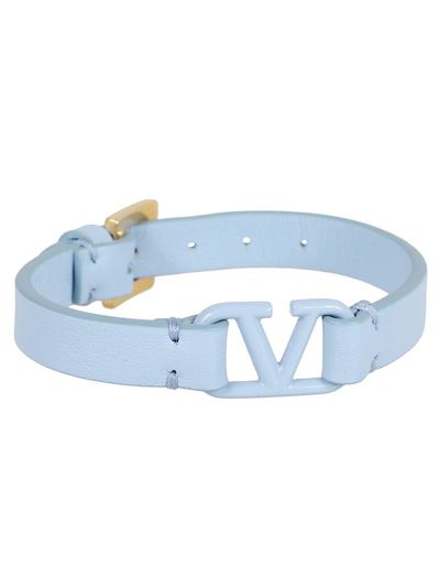 Valentino Garavani Leather Bracelet Vlogo Signature In Zqw Popeline Blue