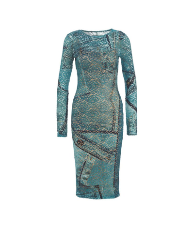 Versace Jeans Couture Patchwork Denim Printed Laced Midi Dress In Blue