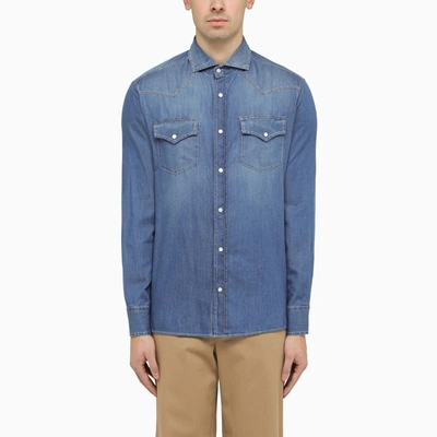 Brunello Cucinelli Denim Shirt With Button Cuffs And Chest Pockets In Blue
