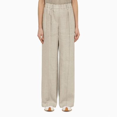 Brunello Cucinelli Light Grey Linen Wide Trousers In Grey