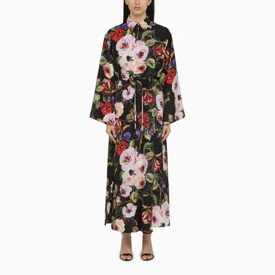 Dolce & Gabbana Floral Print Silk Shirt Dress In Black,multicolor