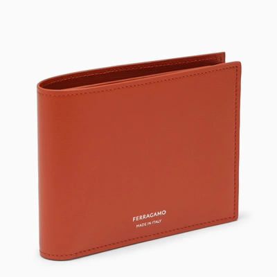 Ferragamo Terracotta Coloured Leather Bi Fold Wallet With Logo In Red