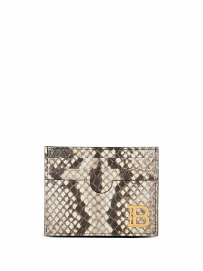 Balmain B Buzz Snake Embossed Leather Card Case In Light Gray/gold