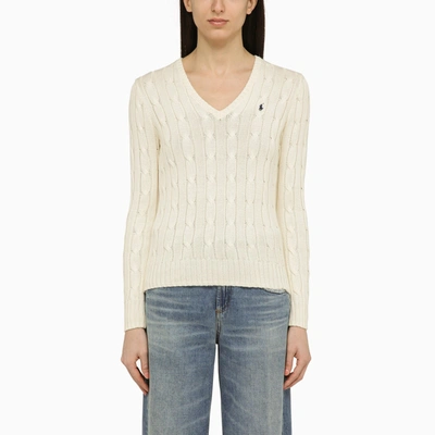 Polo Ralph Lauren Cream-coloured Cotton Cable-knit Sweater With Logo In Beige