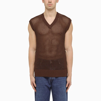 Tagliatore Brown Perforated Cotton Waistcoat