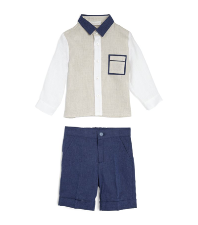 Bimbalò Linen Shirt And Shorts Set (3-24 Months) In Blue