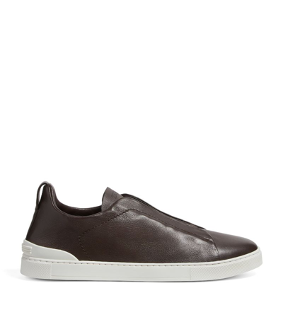Zegna Leather Triple Stitch Sneakers In Brown