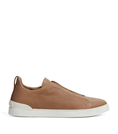 Zegna Leather Secondskin Triple Stitch Sneakers In Brown