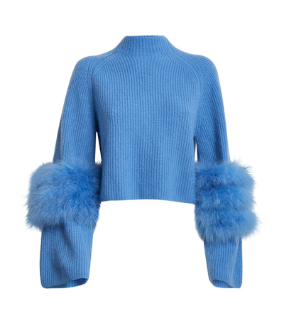 Lapointe Airy Cashmere-silk Crop Raglan Sweater With Marabou Feathers In Sky Blue