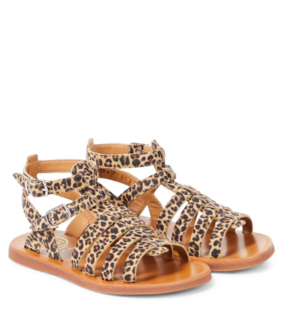 Pom D'api Kids' Plagette Gladiator Leopard-print Sandals In Braun