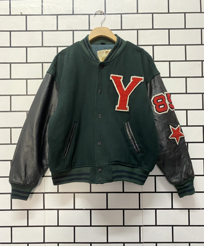 Pre-owned American College X Varsity Jacket Vintage Back Drop Champion Leather Wool Varsity Jacket In Dark Green Black