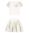 MONNALISA MIKADO EMBROIDERED COTTON-BLEND TOP AND SKIRT SET