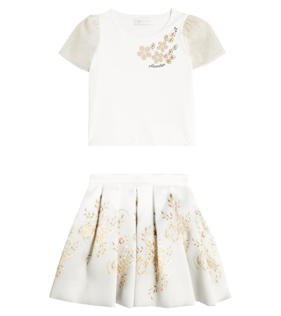 Monnalisa Kids' Mikado刺绣棉质混纺上衣与半身裙套装 In White