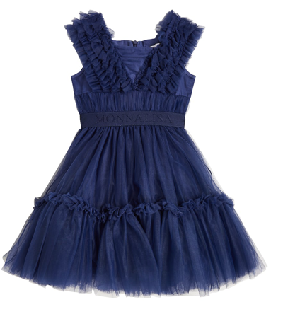 Monnalisa Kids' Embroidered Satin & Tulle Dress In Blue