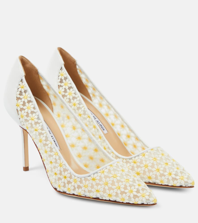 Manolo Blahnik Tora 90 Floral Leather-trimmed Pumps In White