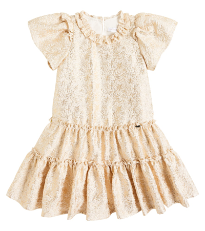 Monnalisa Kids' 荷叶边金属丝提花连衣裙 In Gold