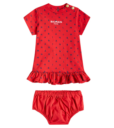 Balmain Babies' Logo棉质连衣裙与灯笼裤套装 In Multicoloured