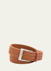 W. Kleinberg Men's Stretch Woven Belt With Alligator Trim In Cognac