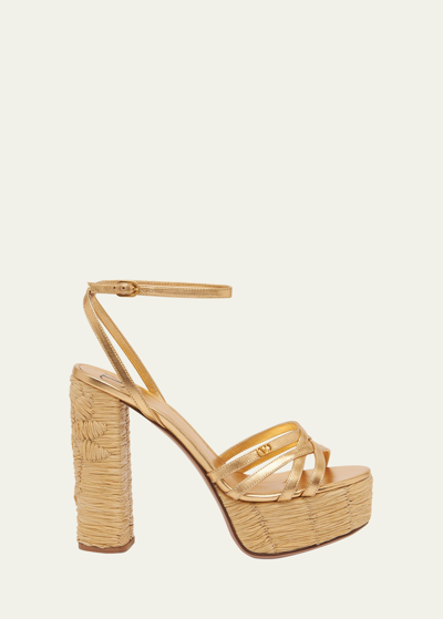 Valentino Garavani Raflower Metallic Ankle-strap Platform Sandals In Gold