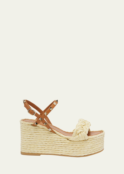 Valentino Garavani Rockstud 95 Raffia And Leather Espadrille Wedge Sandals In Neutrals