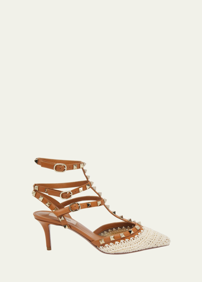 Valentino Garavani Rockstud Crochet Ankle-strap Trio Pumps In Yhn Naturale Almo