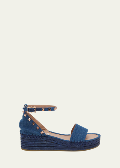 Valentino Garavani Rockstud Denim Wedge Espadrille Sandals In Blue