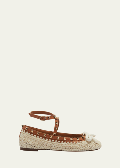 VALENTINO GARAVANI ROCKSTUD CROCHET ANKLE-STRAP BALLERINA FLATS