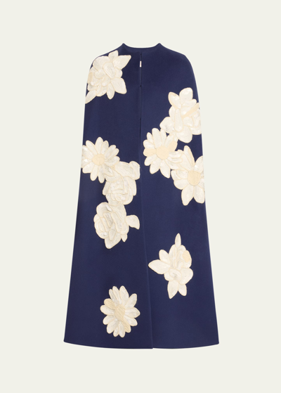 Valentino Floral Sequined Wool Cashmere Cape In Marine Lt Ivory