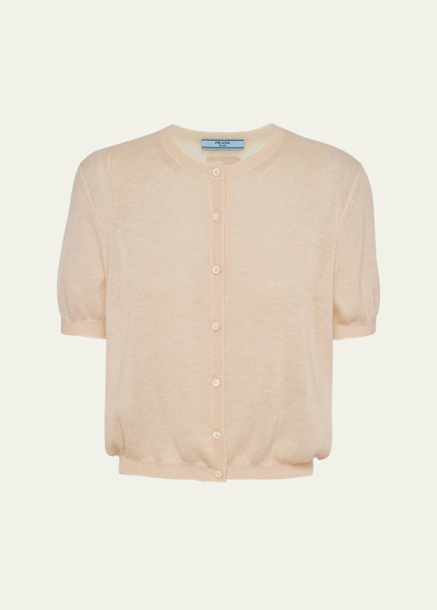 Prada Superfine Cashmere Short-sleeve Cardigan In Desert Beige