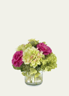 DIANE JAMES LIGHT GREEN DAHLIAS AND PINK ROSES IN A RIBBED VASE