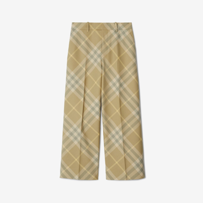 Burberry Cropped Check Wool Tailored Trousers In Flax